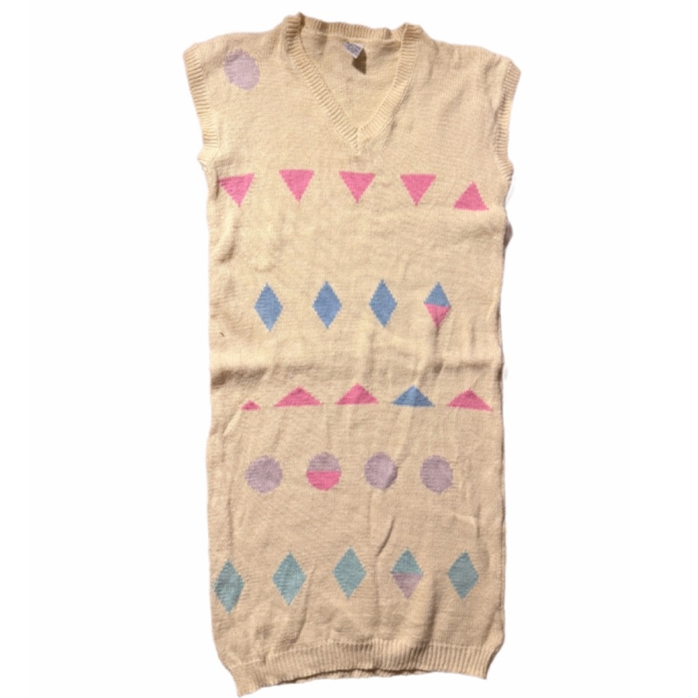 Vintage 80s Butter Yellow Argyle Geometric Sweater Vest Dress Sleeveless Knit S